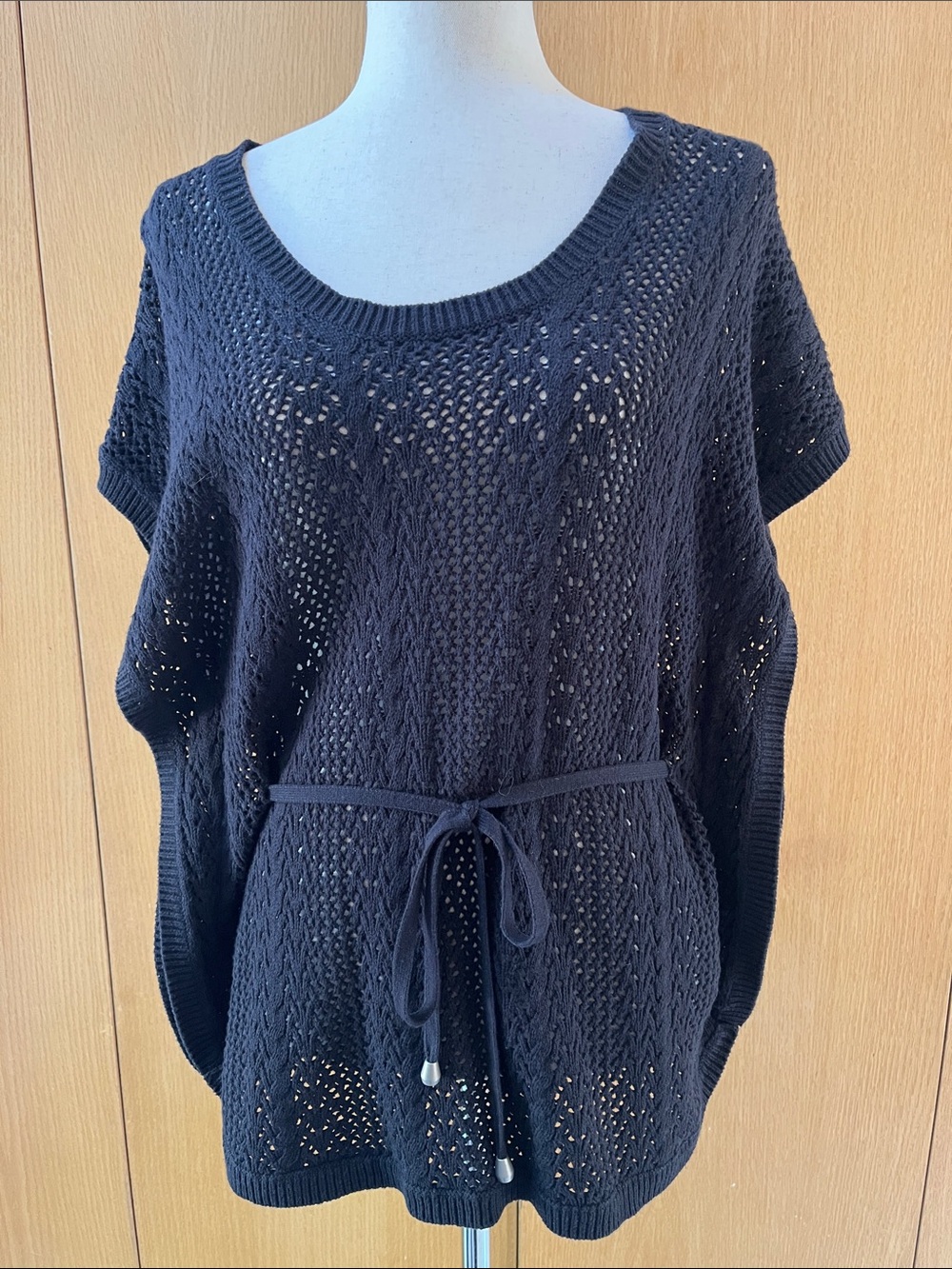Sonoma Black Open-Knit Scoop Neck Tie-Waist Sweater Top